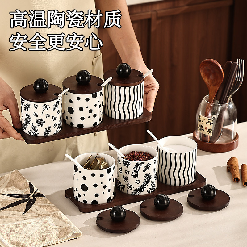 中古风陶瓷调味罐三件套波点花卉条纹盐糖味精罐带木盖托盘调味瓶