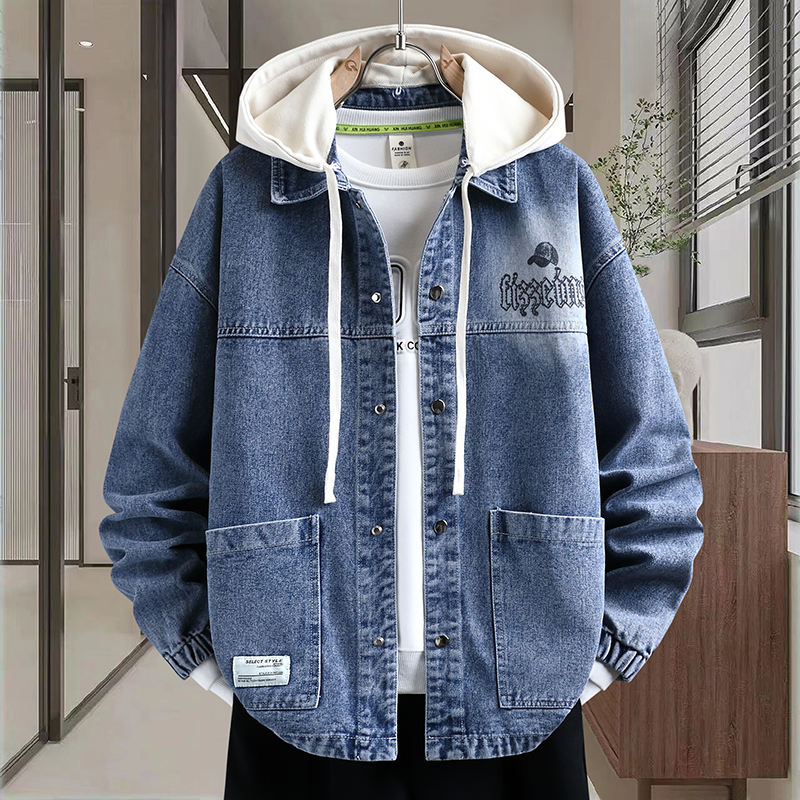 可拆连帽印花牛仔外套春秋季