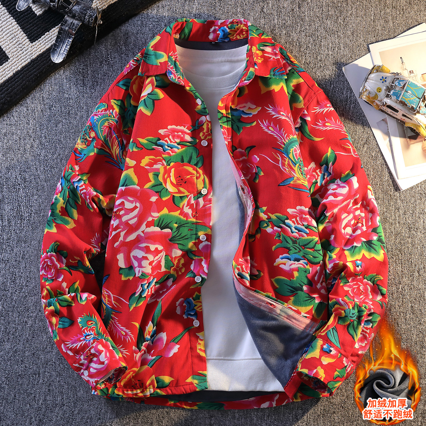 东北花棉袄新中式大花红色牛仔夹克士秋冬款潮流装中国风外套秋装