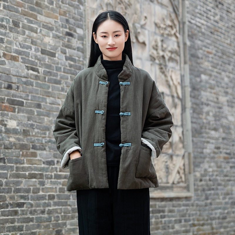 秋冬新款棉麻女装国风时尚复古纯色苎麻盘扣立领短款棉衣保暖棉袄