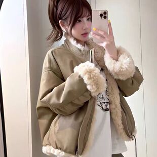 美拉德风羊羔毛外套女皮毛一体短款北岛日记冬季双面穿派克服加厚