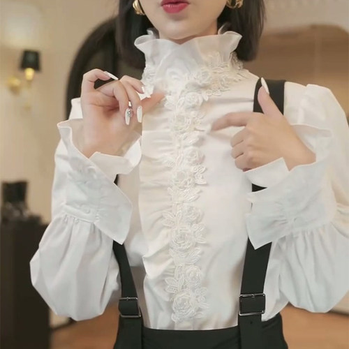 韩版纯色提花衬衫女2025春季新款花边领长袖上衣宽松正肩洋派上衣