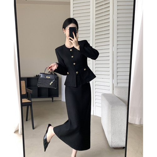 FT GUOGE果哥家黑色收腰外套女2025秋季新款高级感气质半身裙套装