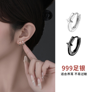 999纯银十字星星耳圈女养耳洞耳钉个性百搭男耳钉耳扣冷淡风耳饰