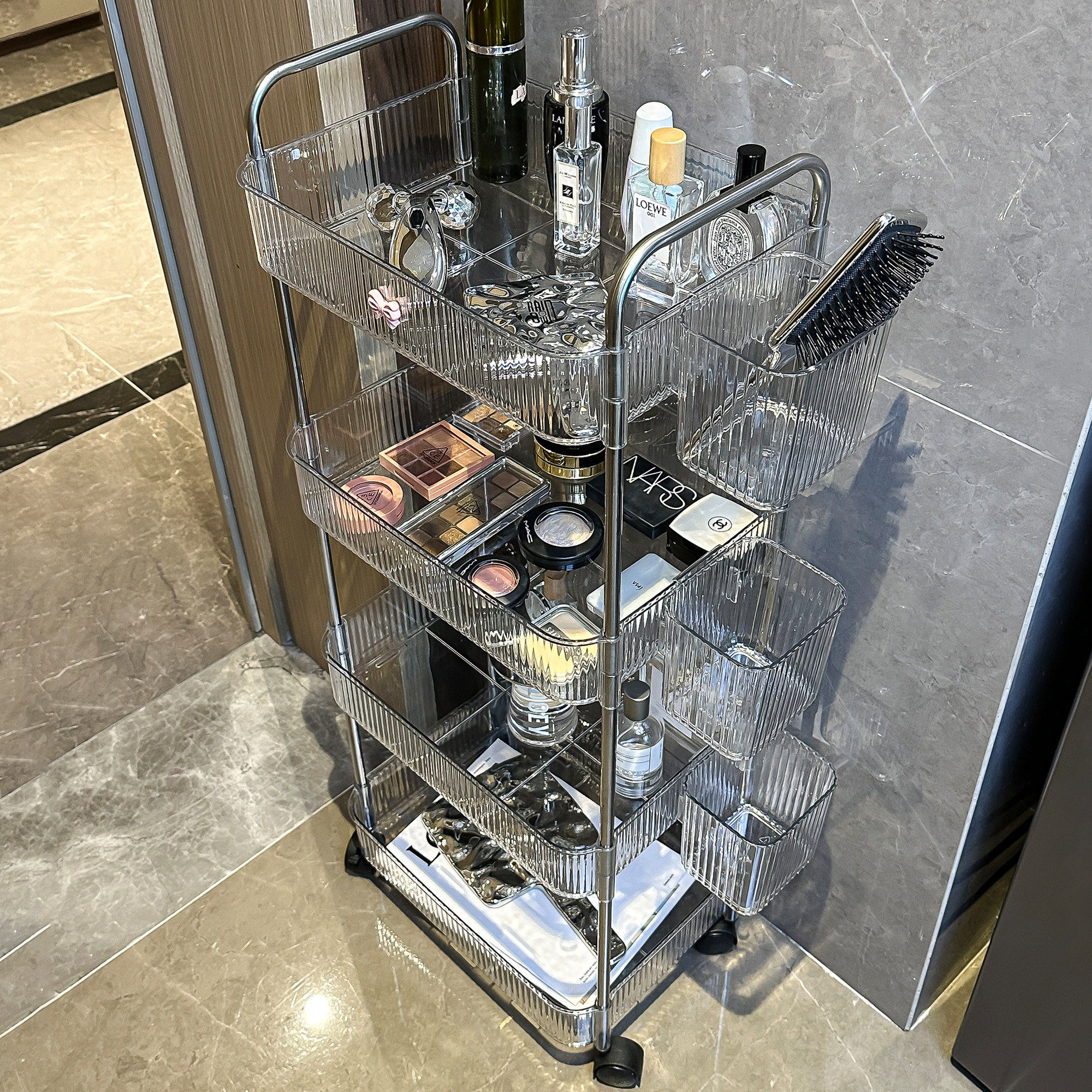 亚克力化妆品小推车床边挂篮零食收纳架子卫生间落地可移动置物架,收纳整理,整理架/置物架/收纳架,淘宝优惠券,粉丝福利购,淘宝优惠卷