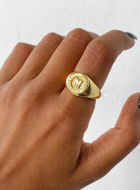 Vintage Initial Letter Signet Rings For Women Stainless Stee