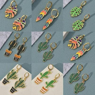 Cute Colorful Enamel Leaf Cactus Plant Shape Gold Color Hoop
