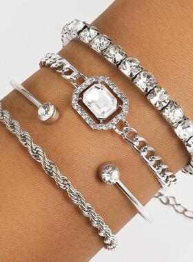 Open bracelets set 4 pieces麻花手链朋克镶钻开口手镯套装4条装