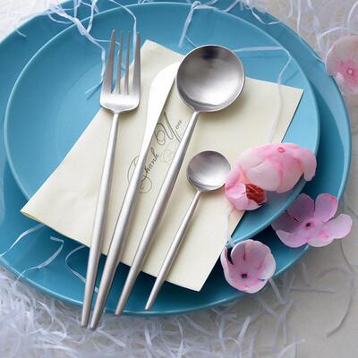 Round Handle Set Matte Silver Knife Fork Stirring Spoon