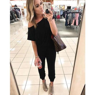 Diagonal shoulder short sleeve jumpsuit斜肩短袖连体长裤纯色