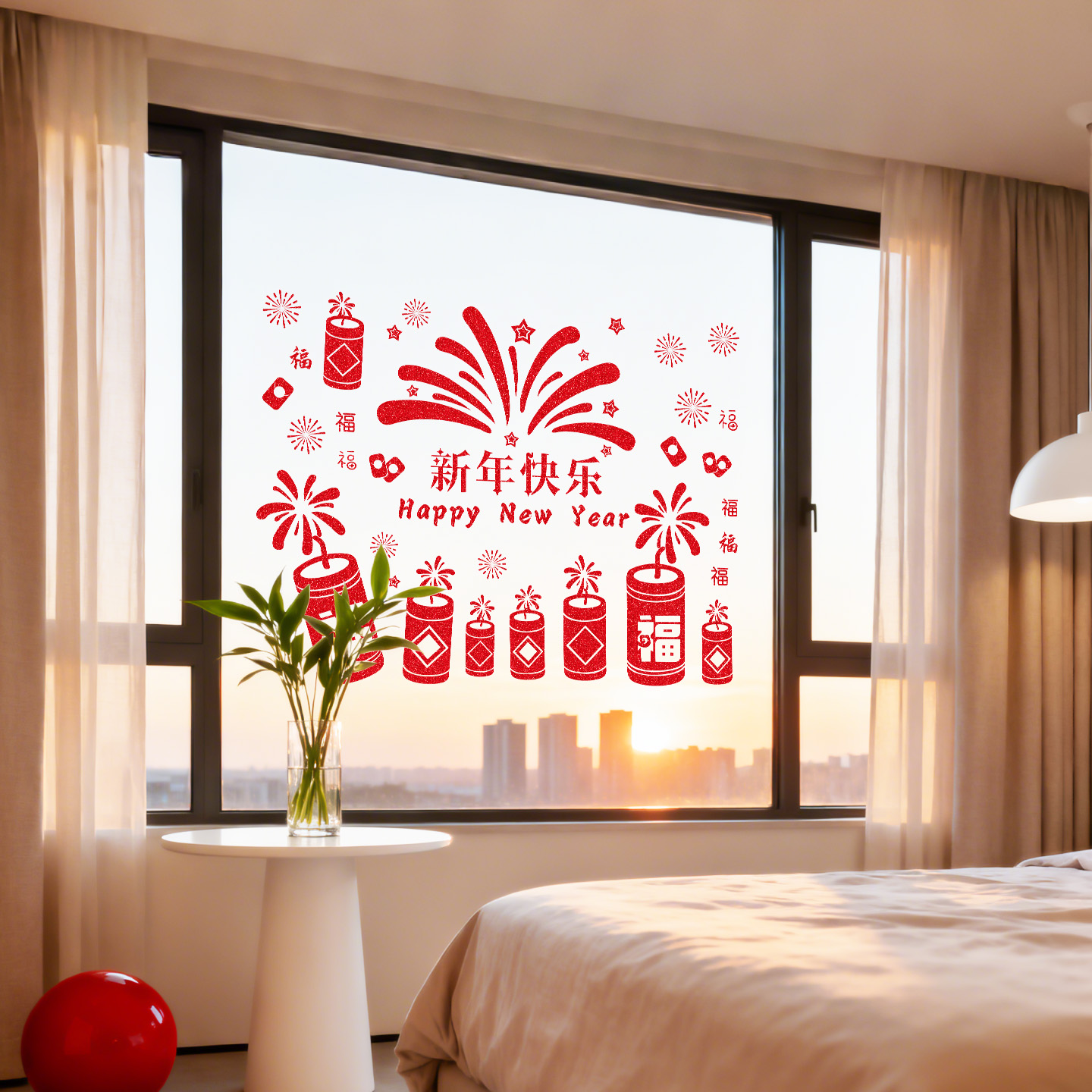新年快乐福字烟花门贴烟花爆竹