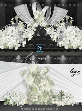 A102 小众白绿色满天星布幔自由曲线水晶灯婚礼效果图psd源文件