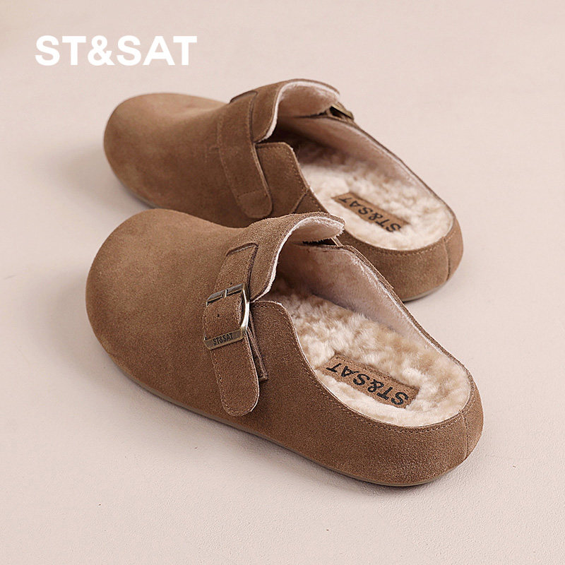 星期六包头半拖鞋女2025冬季新款女款冬天外穿冬款毛绒勃肯棉拖鞋