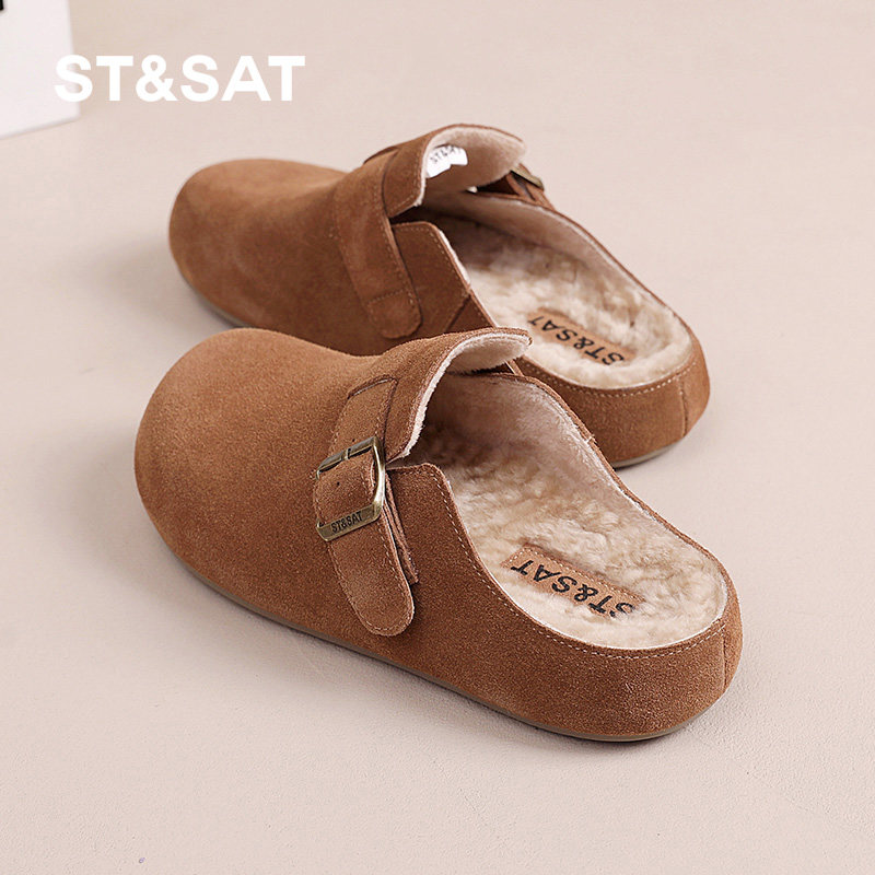 星期六包头半拖鞋女冬2024冬季新款女款冬天外穿加绒棉拖鞋勃肯鞋
