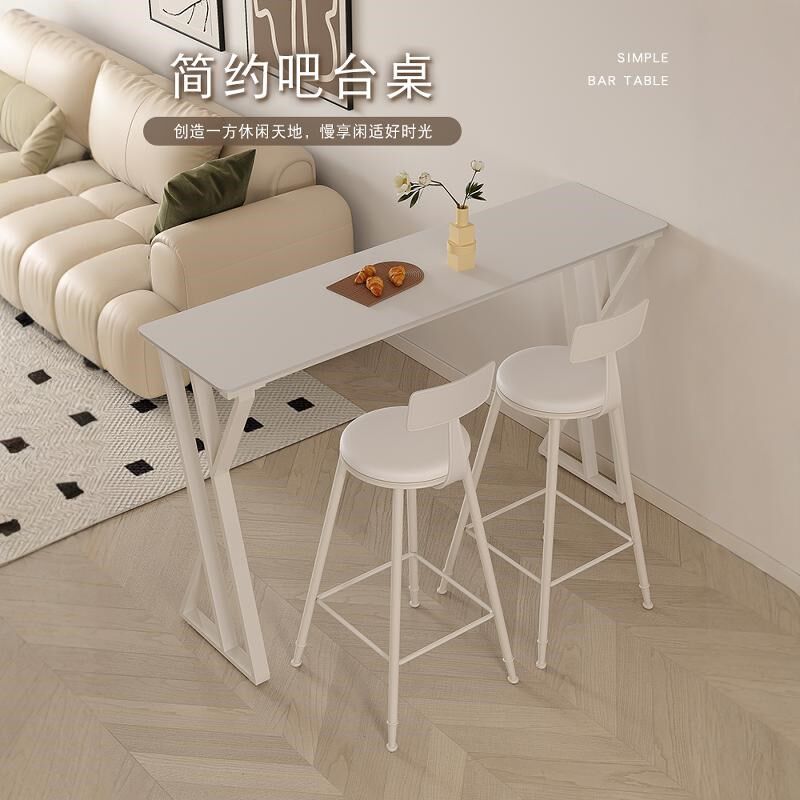 北欧白色岩板吧台桌简约现代 家用隔断长条窄桌 阳台高脚桌椅组合