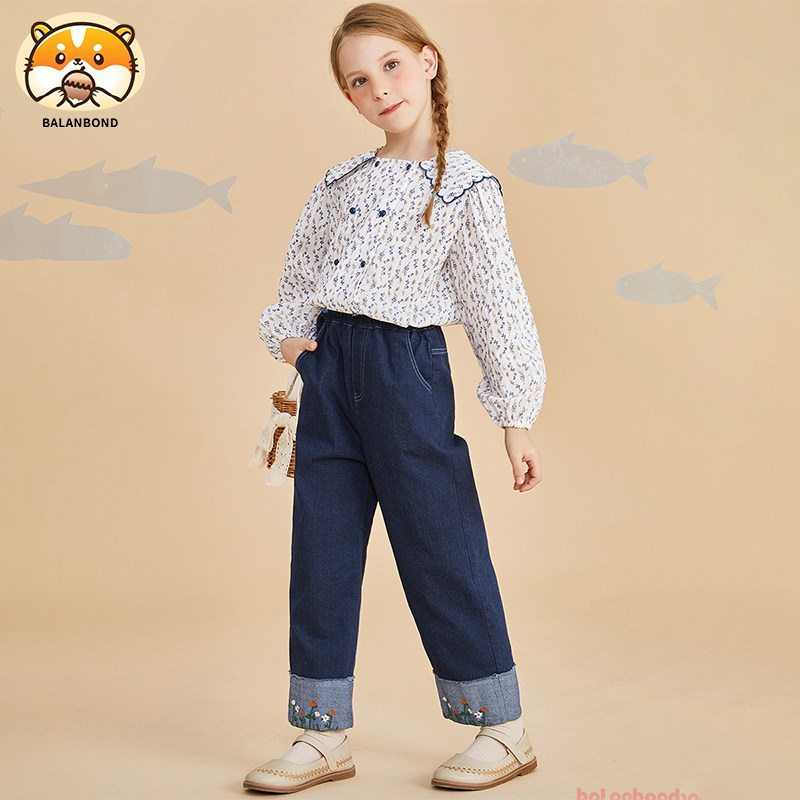 女童宝宝牛仔裤时尚刺绣春秋阔腿裤洋气儿童喇叭裤女童百搭裤长裤
