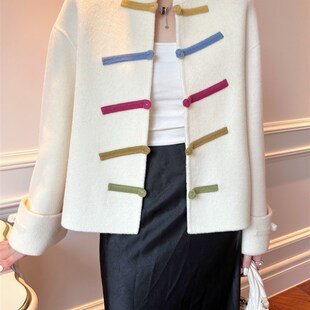 红色新中式大气双面羊绒短款大衣女秋冬季复古盘扣保暖毛呢外套潮