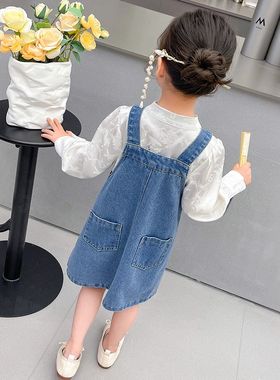女童背带牛仔裙儿童国风套装春秋款2024新款洋气连衣裙女宝宝裙子