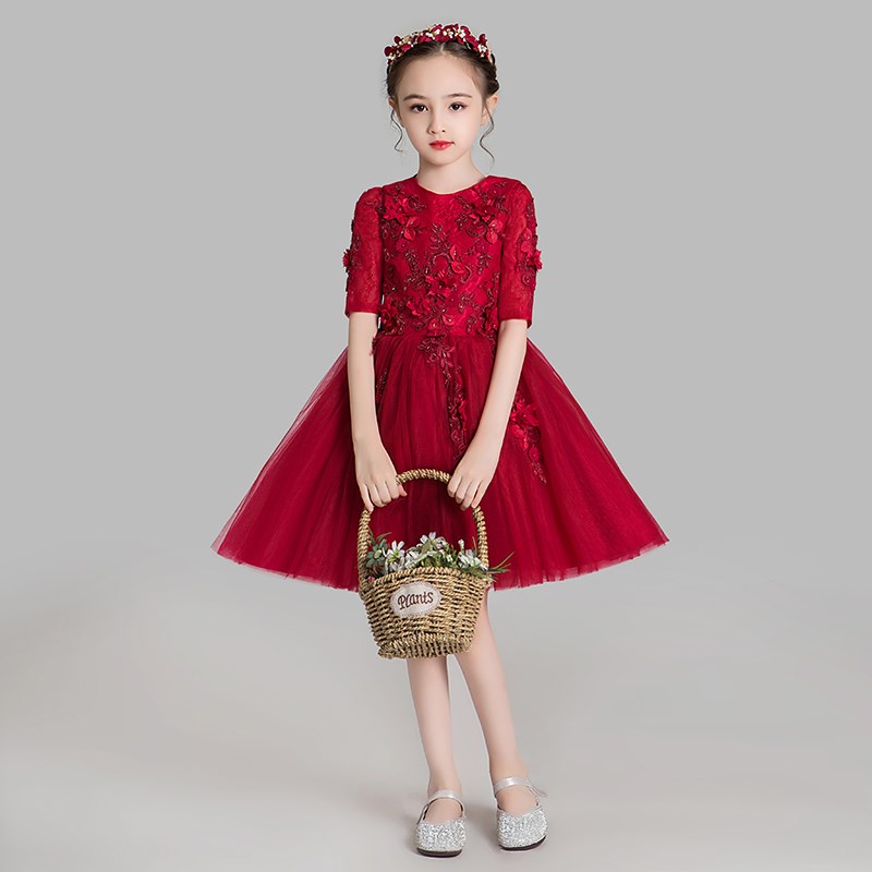儿童礼服公主裙蓬蓬纱女童婚纱小主持人红色演出服模特走秀表演服