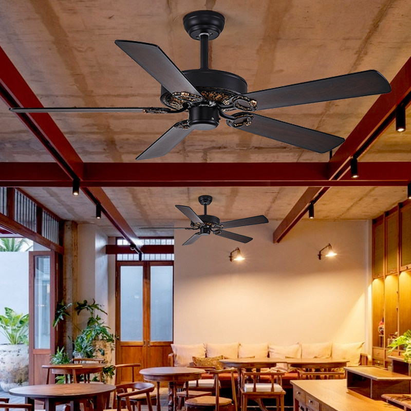 复古吊扇大风力铁叶木叶家用商用工业风扇餐厅客厅静音电扇无灯款