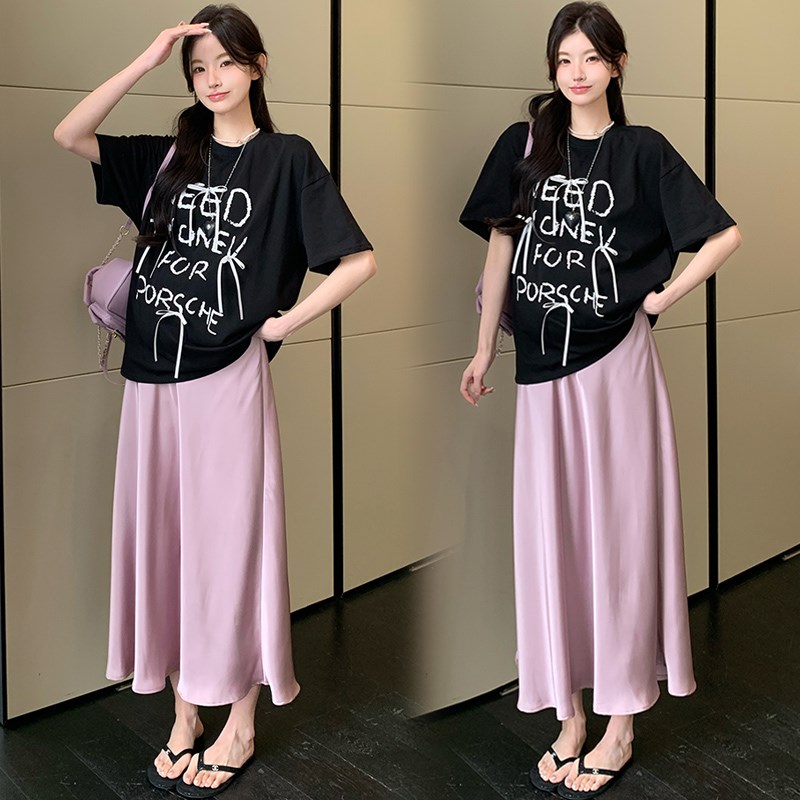 孕妇套装夏季2025新款高级感短袖T恤上衣醋酸半身裙子时尚两件套