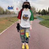 新款 水洗牛仔哈伦裤 拼色印花短袖 2025年夏季 T恤 薄款 两件套装 女潮