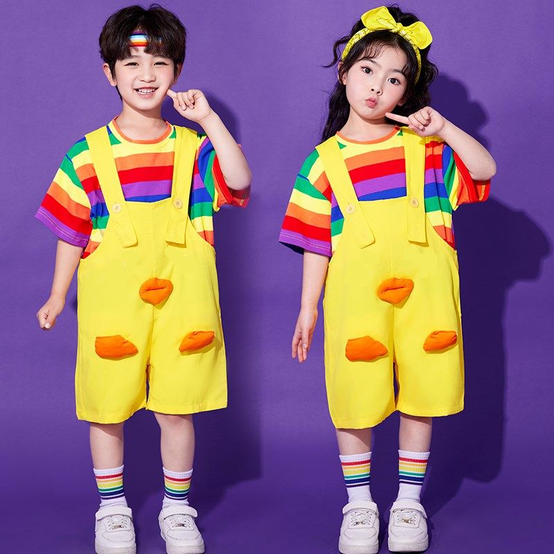 六一儿童演出服小学生运动会表演服幼儿园班服舞蹈服糖果色背带裤