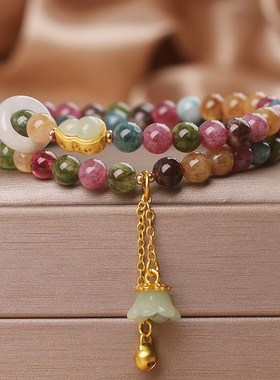 民族风双圈天然碧玺手链女中式福禄葫芦铃兰花吊坠手串礼物手饰品