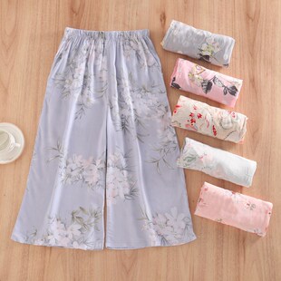 家居裤 女阔腿人造棉大码 碎花超薄冰丝凉爽休闲沙滩 棉绸七分裤 夏季