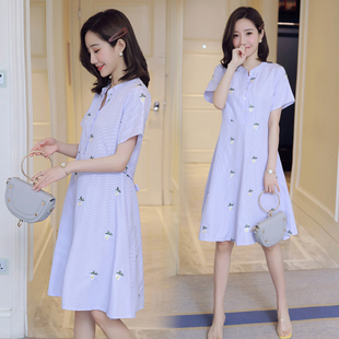 孕妇连衣裙夏季新款条纹中长款衬衣裙韩版宽松R短袖中长款女V领裙