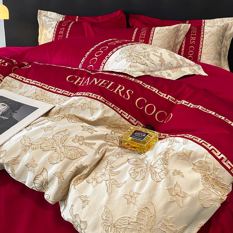 高档奢华结婚四件套全棉婚庆大红色金丝浮雕被套纯棉婚房床上用品