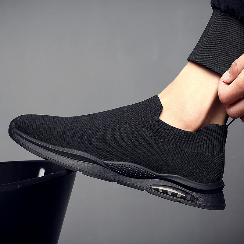 夏季一脚蹬男鞋透气帆布鞋2023新款懒人鞋纯黑软底飞织袜子鞋男款