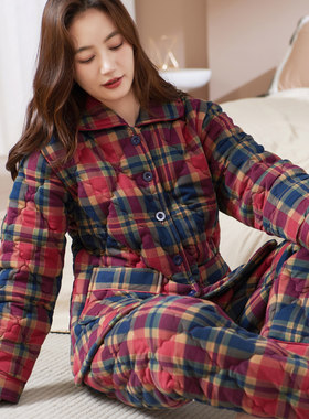 睡衣女秋冬季加厚纯棉夹棉服中老年大码格子红色本命年家居服套装