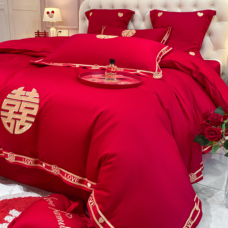 婚庆床上用品四件套大红色床单被套磨毛结婚嫁喜嫁中式刺绣多件套