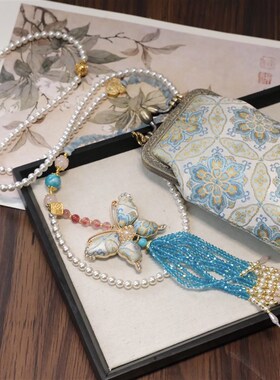 新中式国风长款斜挎包包链斜挎链背背链项链的复古纯手工气质配饰