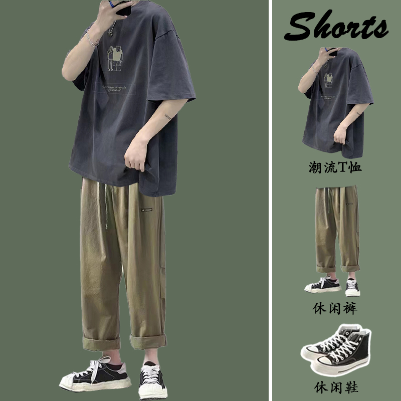 日系复古纯棉短袖T恤男生套装夏季潮流男装宽松潮牌半袖体恤上衣
