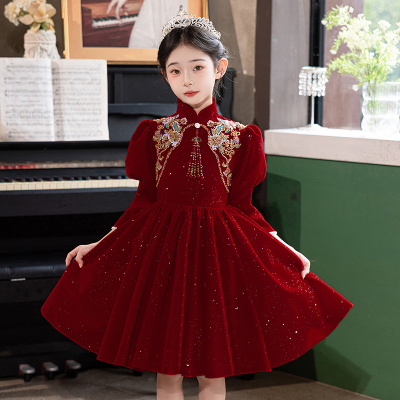 女童礼服轻奢小众高端儿童主持人生日中式红色演出花童公主裙秋冬