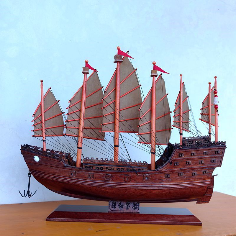 中式成品实木郑和宝船福船模型帆船摆件木船道具仿古手工制作礼物