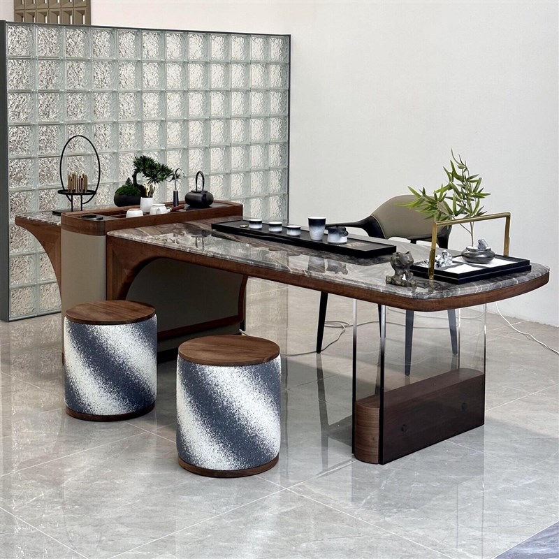 新中式茶桌椅组合现代简约岩板茶台亚克力禅意黑胡桃木茶室泡茶桌