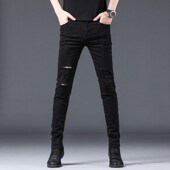 男款 修身 2024新款 黑色破洞牛仔裤 小脚裤 男士 铅笔九分高端休闲裤 子