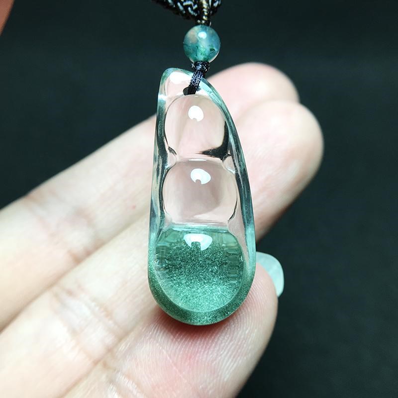 天然绿幽灵吊坠女正品水晶聚宝盆原石项链男绿幽晶转运福豆挂件