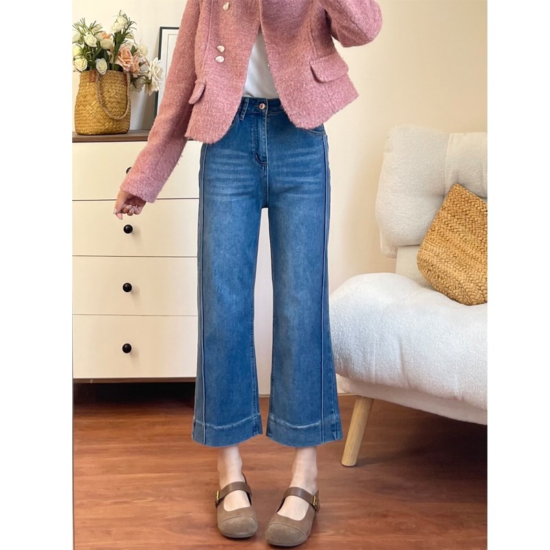 复古蓝直筒牛仔裤女春季新款大码胖mm梨形身材高腰显瘦九分阔腿裤