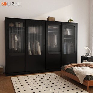 衣柜黑色复古移门衣柜法式中古风推拉门衣橱卧室收纳柜衣帽间定制