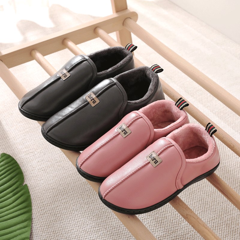 防水PU皮棉拖鞋女包跟秋冬韩版情侣家居室内防滑保暖棉鞋冬天家用