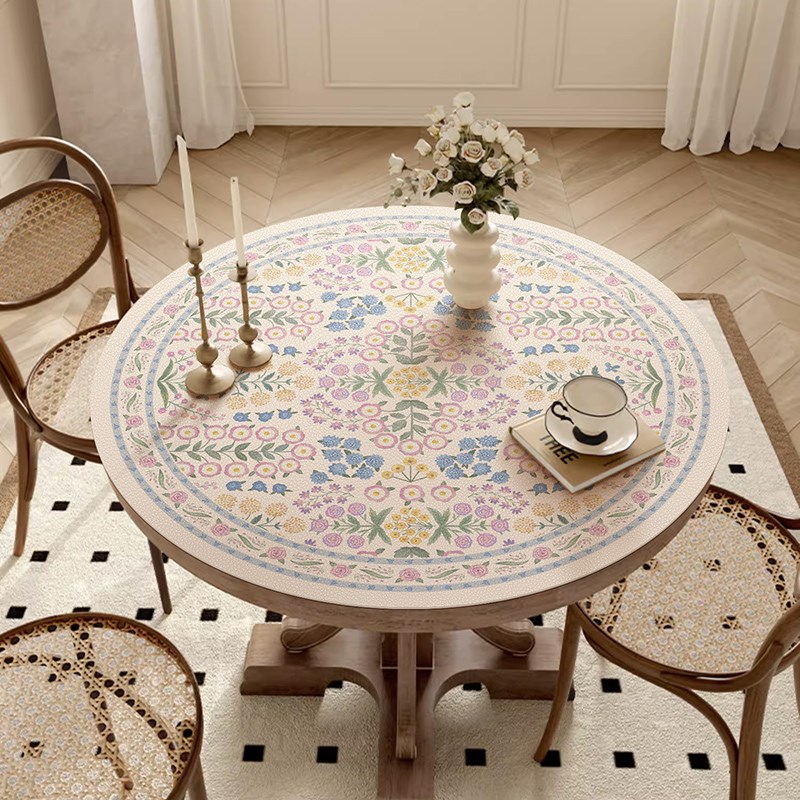 法式浪漫莫奈花园玫瑰圆桌皮革餐桌垫圆形茶几台布桌面保护垫防水