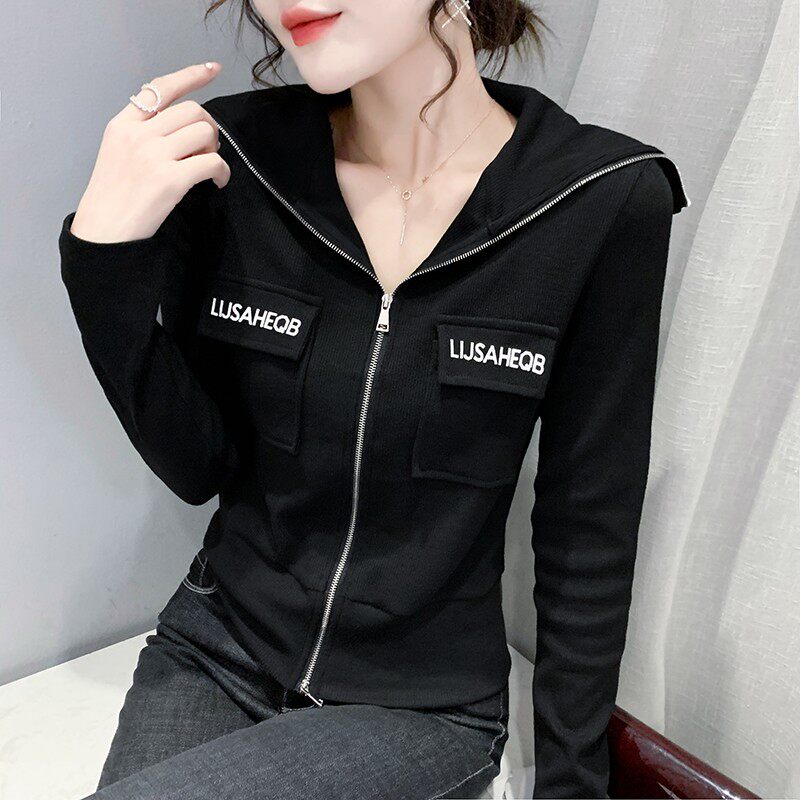 时尚拉链开衫T恤女长袖小众设计感翻领上衣洋气修身打底衫女秋冬