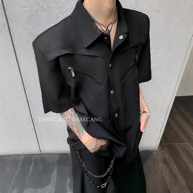 黑沧社/轻奢小众设计感垫肩衬衫男款夏季高级感重磅金属解构短袖