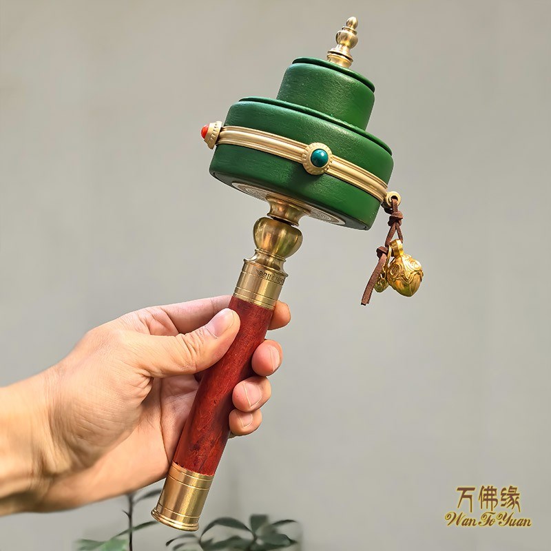 纯铜手摇21绿度母实木绿皮转桶底座顺滑手持随身转轮