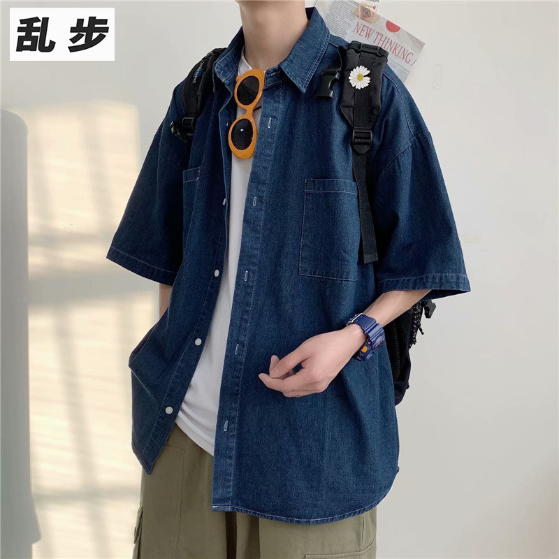 港风复古牛仔衬衫夏季男款潮牌短袖衬衣青少年宽松休闲工装薄外套图片