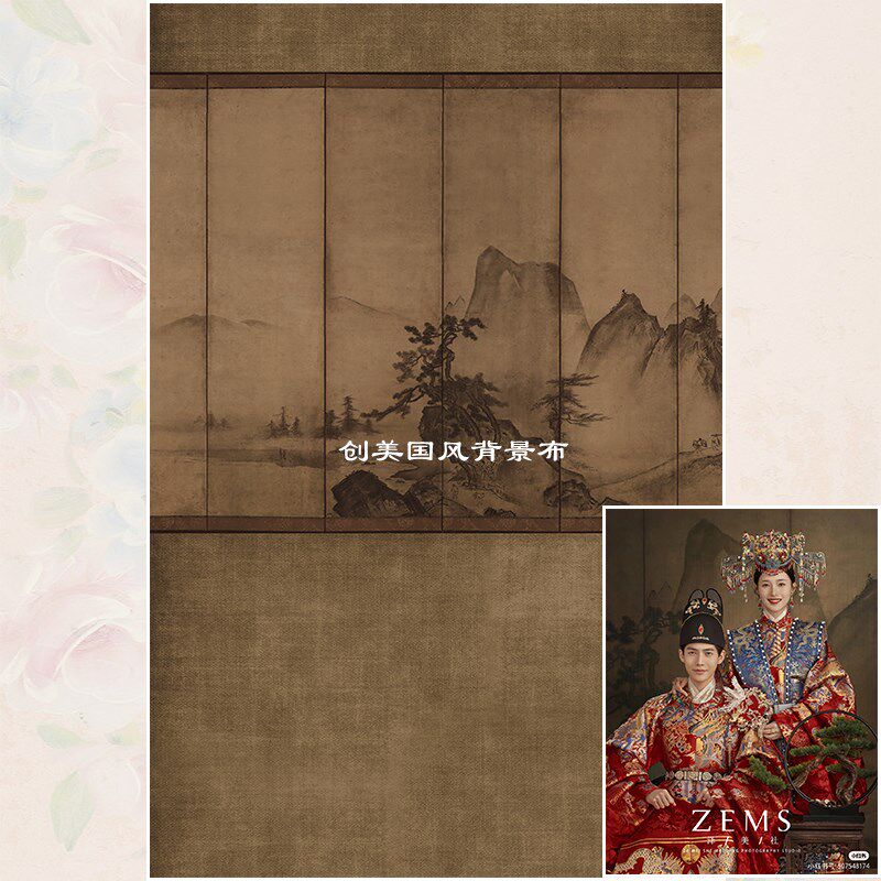 国潮民国风全家福古装背景室内工笔画背景布屏风艺术摄影背景图片